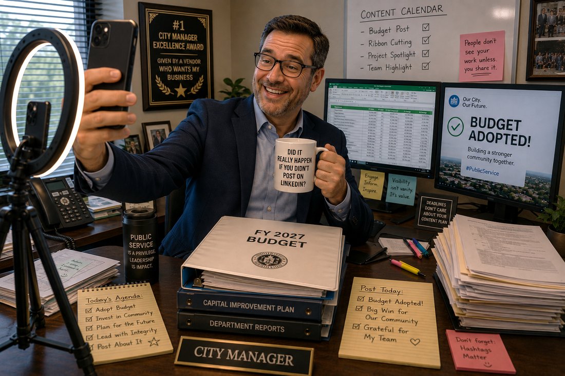 The same city manager, now grinning and taking a selfie with a ring light, having fully embraced the content performance.