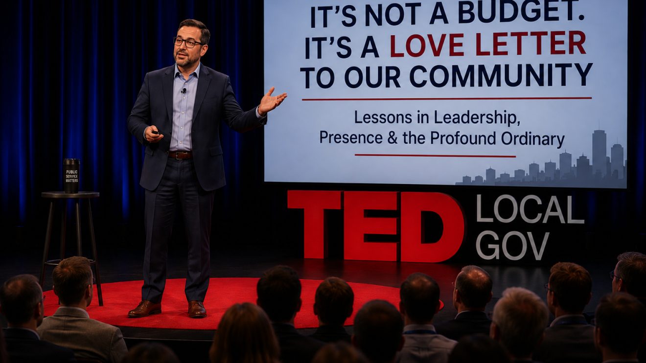 A composite image of a speaker on a TED Local Gov stage beside a slide reading: It's Not a Budget. It's a Love Letter to Our Community.