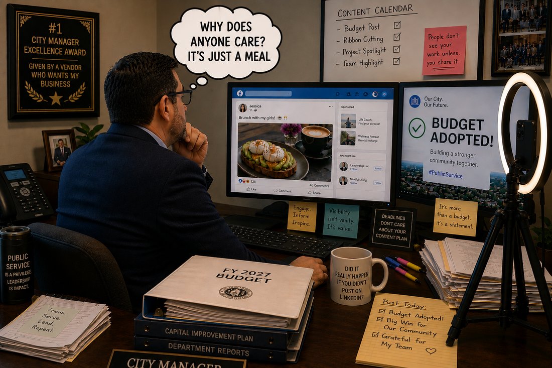 A city manager at a desk staring at a brunch photo on social media, thinking why does anyone care, surrounded by his own content-calendar and budget-adopted props.