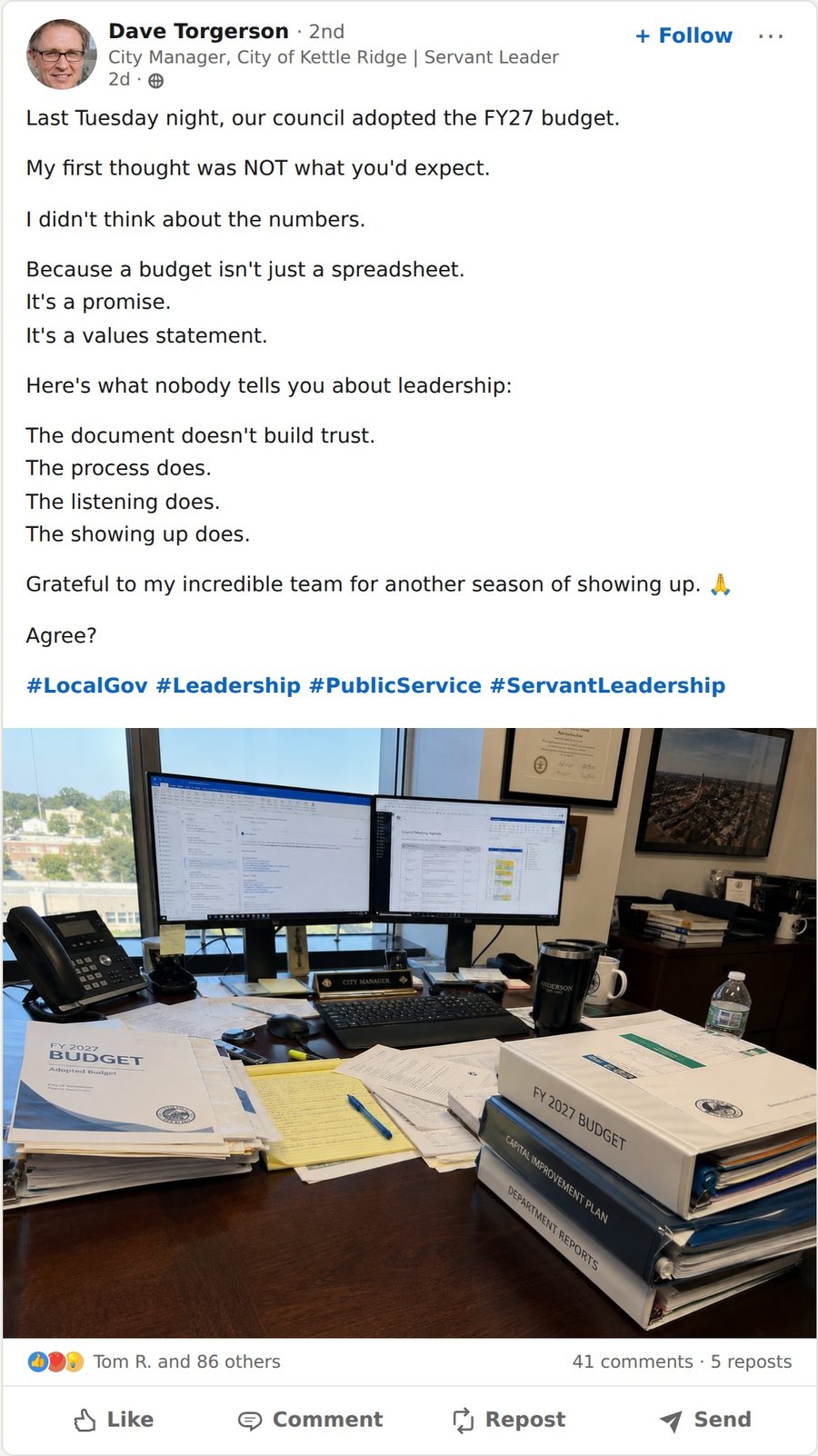 A LinkedIn post from a city manager framing the routine adoption of a budget as a profound leadership moment.