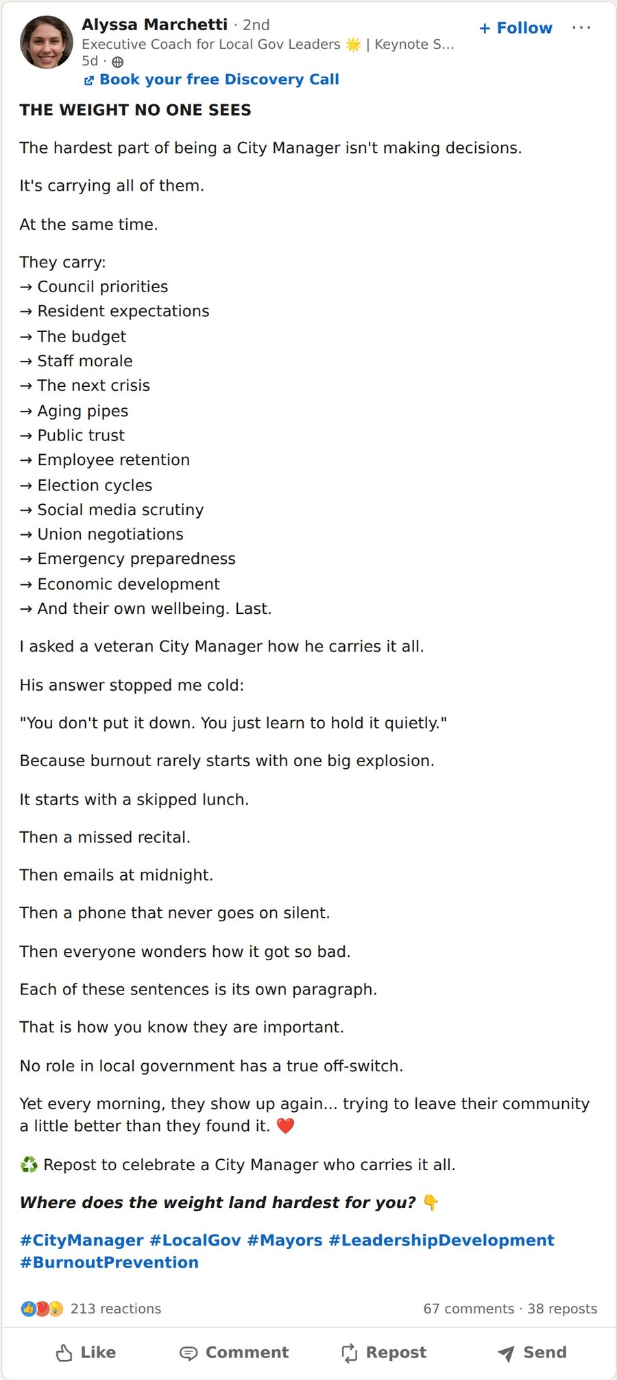 A LinkedIn post from an executive coach listing fourteen burdens a city manager carries, framing the profession as a heroic weight.