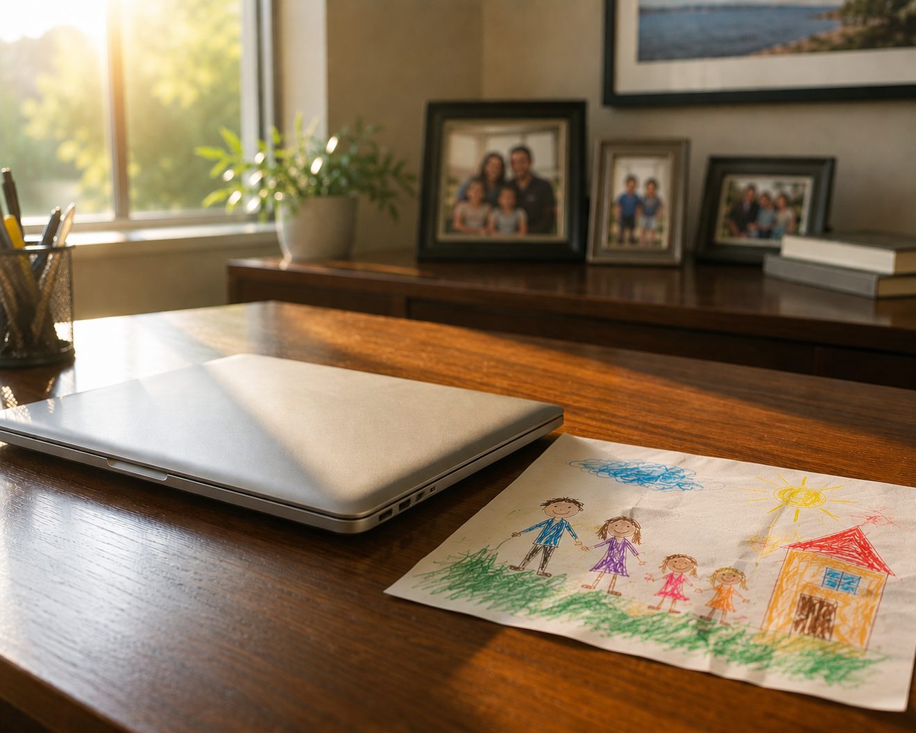 A closed laptop on a home desk beside a child's crayon drawing of a family, warm light through the window.
