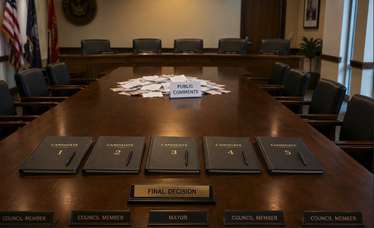 An empty city council chamber with five candidate binders and a pile of public comment forms on the table.