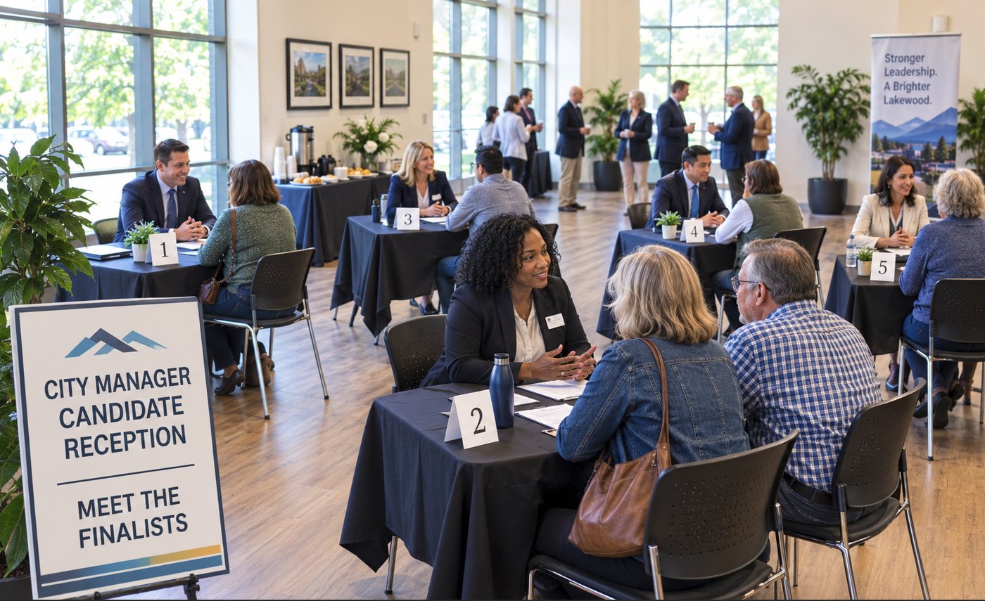 Residents rotate through tables to meet the five finalists for city manager at a public reception in a park visitor center.