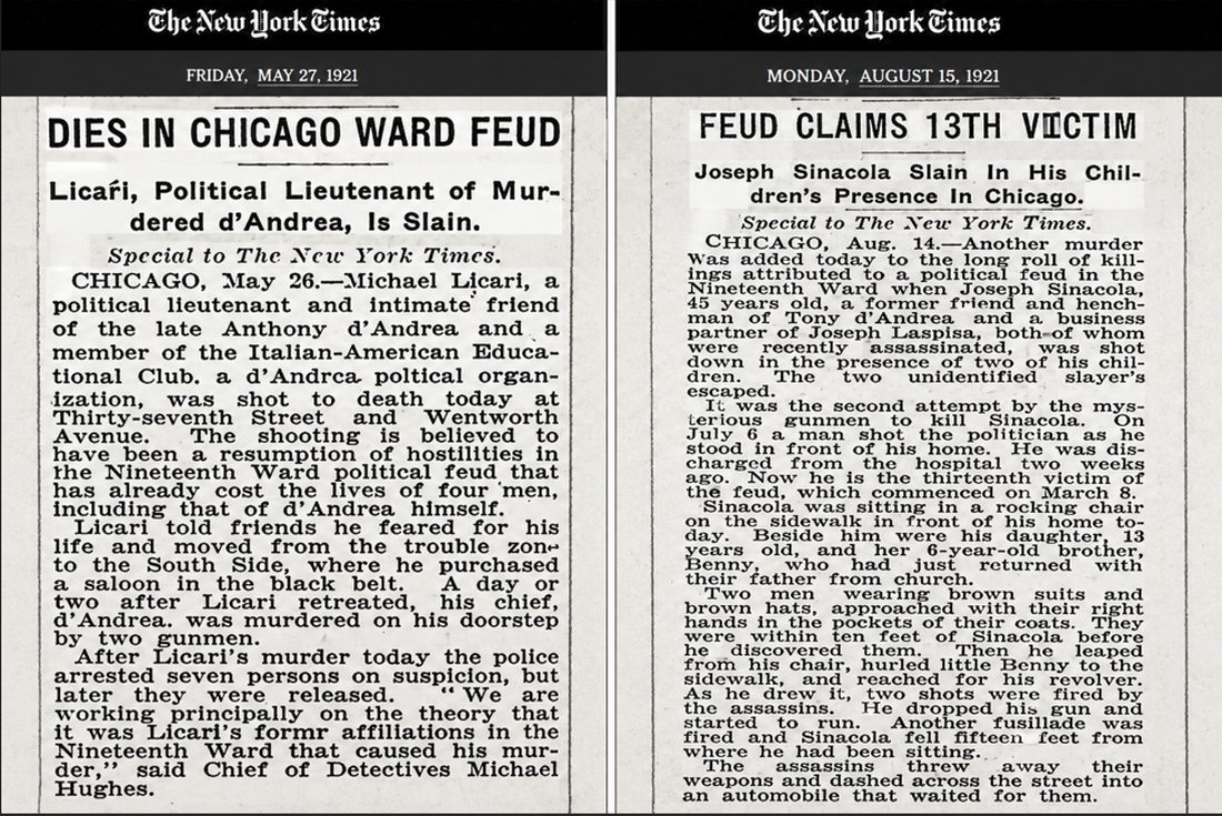 Two New York Times clippings from 1921 reporting deaths in a Chicago ward political feud.