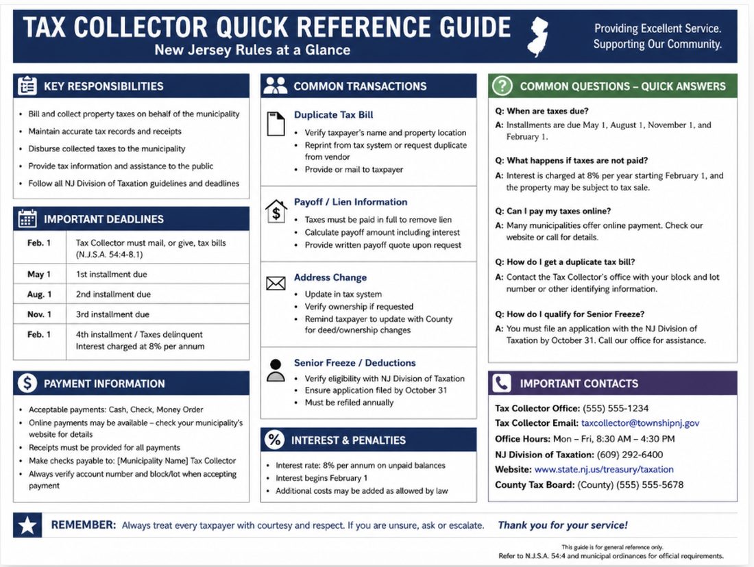A one-page Tax Collector Quick Reference Guide for New Jersey rules.